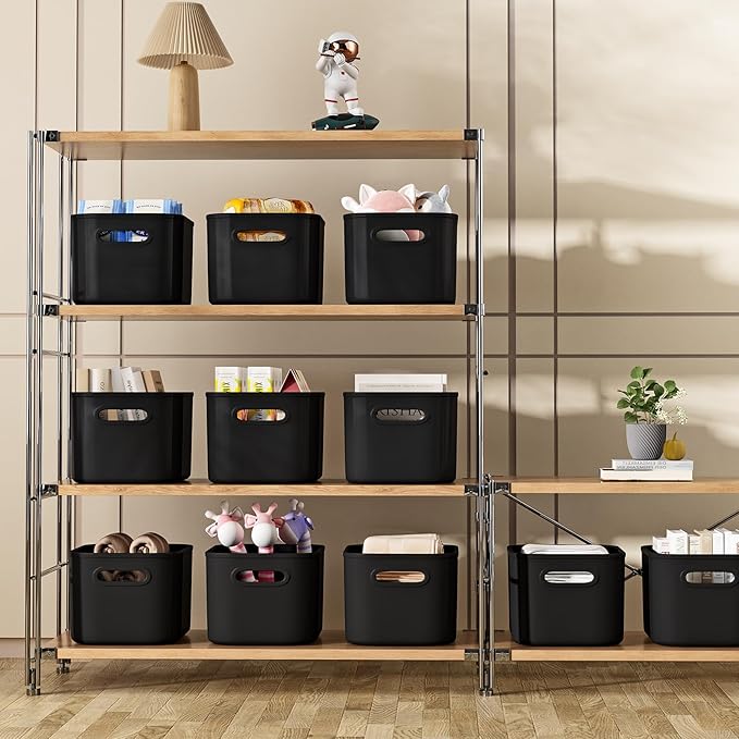 6 Pack Black Storage Bins with Lids for Shelves, Plastic Storage Containers with Lids for Organizing, Stackable Storage Boxes