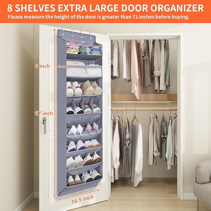 FENTEC 1 Pack Over The Door Shoe Organizer,68" Exlarge Deep Pockets Hanging Shoe Organizers, 8 Shelves Shoe Rack for Closet, 