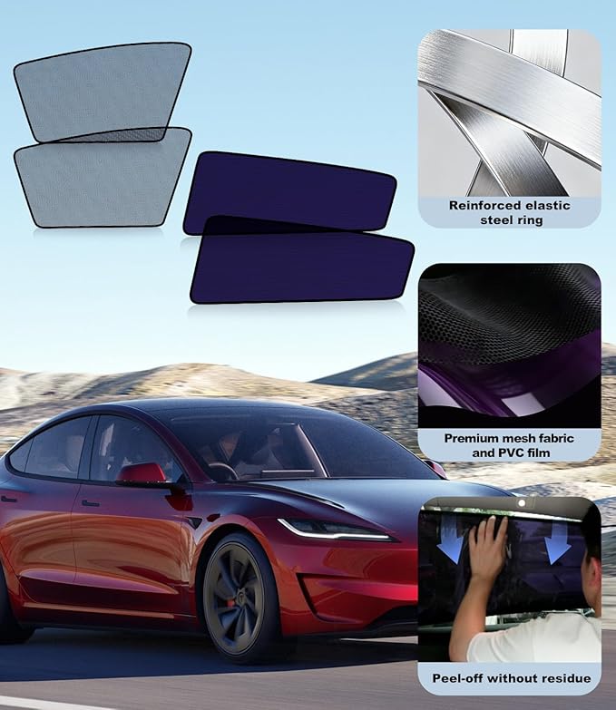 XCBYT Car Window Shades for Tesla Model 3 Highland 2024-2026, Static Cling Privacy Rear Side Window Covers, Clear Front Half Window Shades, Easy Install, No Residue (4 PCS)