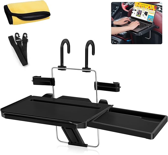 VarCozy Car Steering Wheel Tray, Foldable Hanging Rear Headrest Car Tray with Expandable Tray and Beverage Cup Slot, Portable Car Desk for Laptop Work, Eating, Drinking, and Doodling