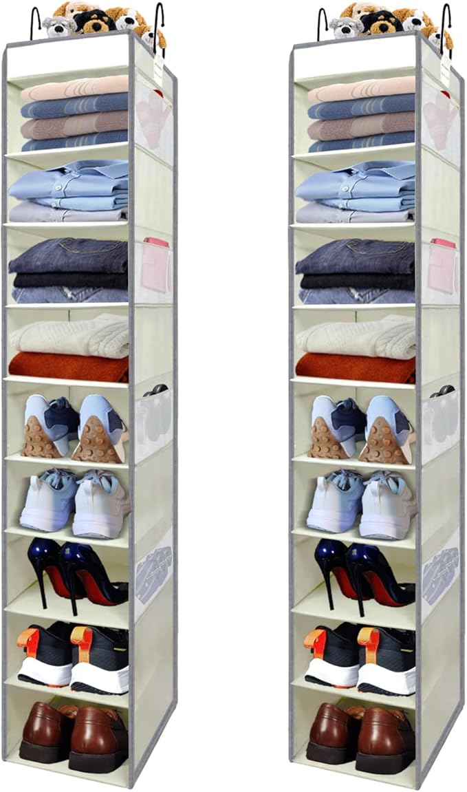 2 Pack Large-Sized Hanging Shoe Organizer 10-Shelf, Sturdy Hanging Closet Organizer with 8 Side Pockets, Wider Hanging Shelve