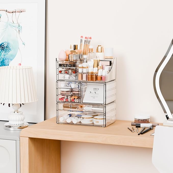 Yieach 3 Pack Clear Makeup Organizer Countertop for Dresser,Vanity and Bathroom Counter Organizer,Tiered Stackable Makeup Acr