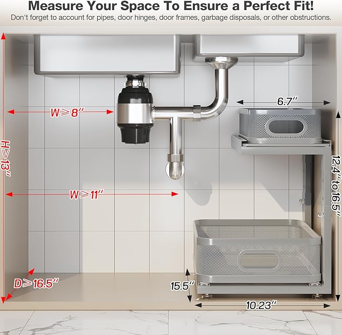 2 Pack 15.5IN-Depth Under Sink Organizer With Next-Gen Ball-Bearing Slides,2-Tier Precision Mesh Pull Out Cabinet Storage for