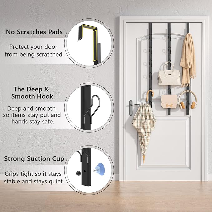 TOMIR Over The Door Hooks 3 Pack, Door Coat & Bag Hanger, Over The Door Purse Organizer, Clothes Hanger, and Towel Holder, No