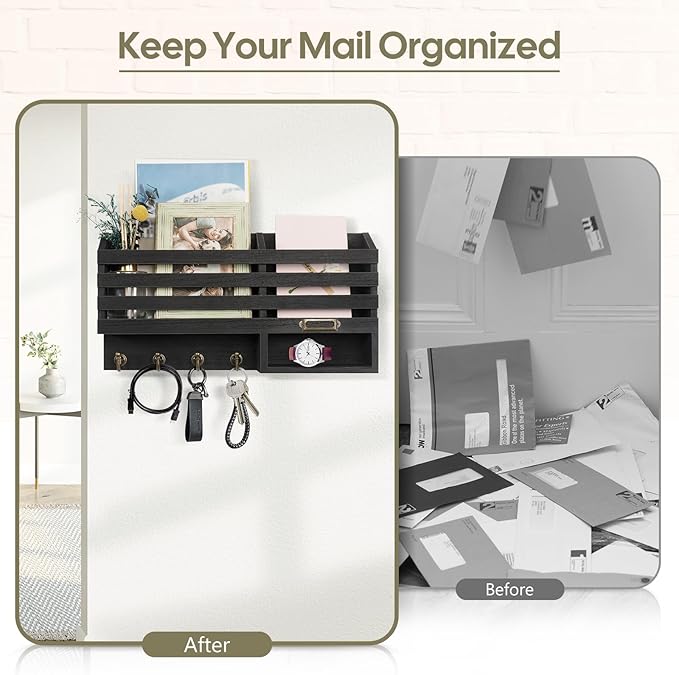 FifthQuarter Key Holder for Wall: Easy Mounted Key Rack and Mail Organizer with Store Shelf and Four Sturdy Keys Hooks Decor 