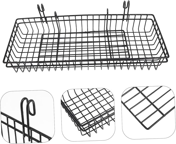 2pcs Black Metal Wire Wall Mount Storage Basket Organizer Hooks Versatile Grid Panel Display Rack for Office Kitchen Bathroom