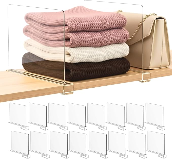 SortNStore Shelf Dividers Purse Organizer for Closet: 16-Pack Acrylic Bag Storage Organizer for Handbags, Clutches, Clothes, 