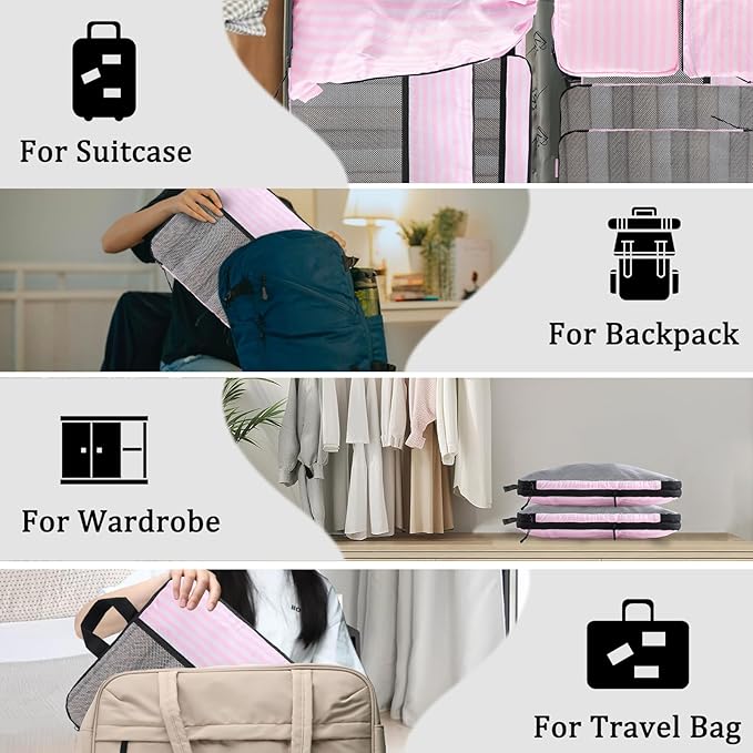 U+U 10 Set Compression Packing Cubes - Ultralight Pink Stripe Travel Organizers with Laundry Bag, Space-Saving Suitcase Organ