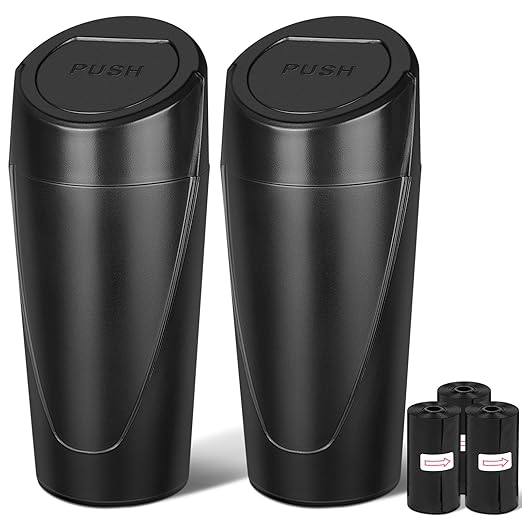 Car Trash Can, 2 Packs Mini Car Trash Bin with Lid, Leakproof Cup Holder Car Garbage Can with 60 Trash Bags, Vehicle Front Back Seat Organizers and Storage for Car, Home, Office, Black