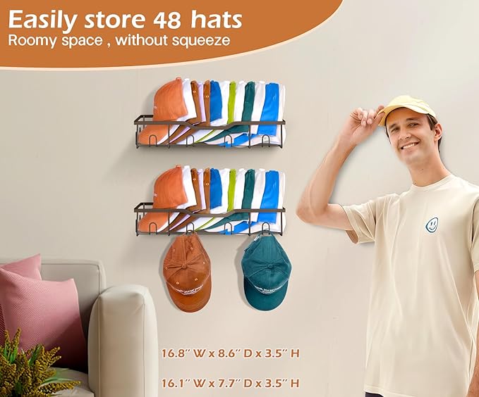 KEETDY Metal Hat Racks for Wall Baseball Cap Organizer Fit 48 Caps Holder, 2 Packs Sturdy Wall Mounted Hat Storage Organizer,