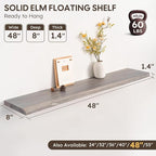 Live Edge Floating Shelf, 48 Inch Solid Elm Wood - Weathered Gray Rustic Wood Wall Shelf with Invisible Brackets for Living R