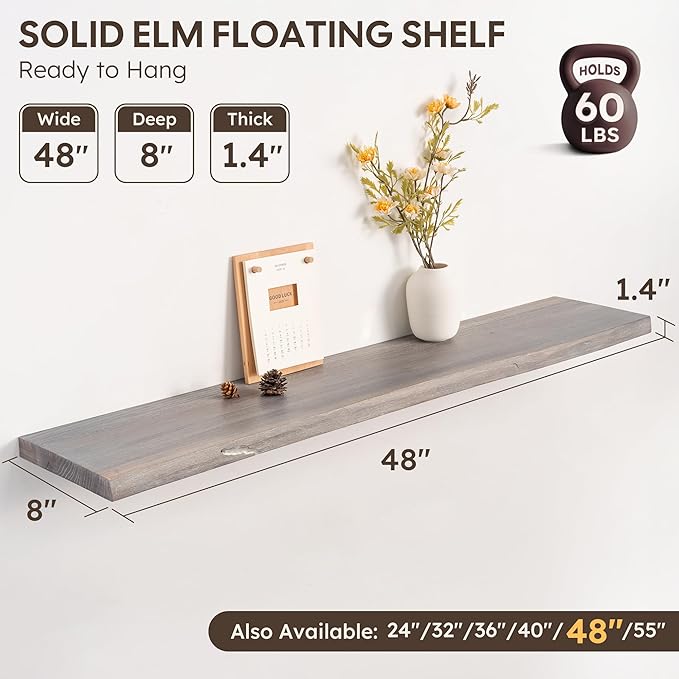 Live Edge Floating Shelf, 48 Inch Solid Elm Wood - Weathered Gray Rustic Wood Wall Shelf with Invisible Brackets for Living R