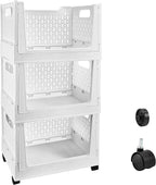 Stackable Plastic Storage Basket, 3 Pack Foldable Closet Organizers and Storage Bins with Wheels, Collapsible Drawer Shelf St