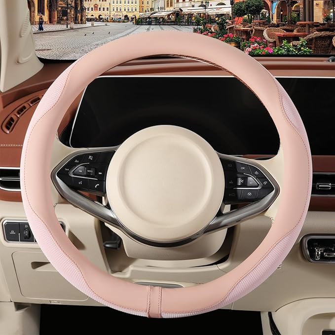 Nappa Leather Pink Steering Wheel Cover, Advanced Microfiber Leather Non-Slip Breathable Fabric, Warm in Winter and Cool in S