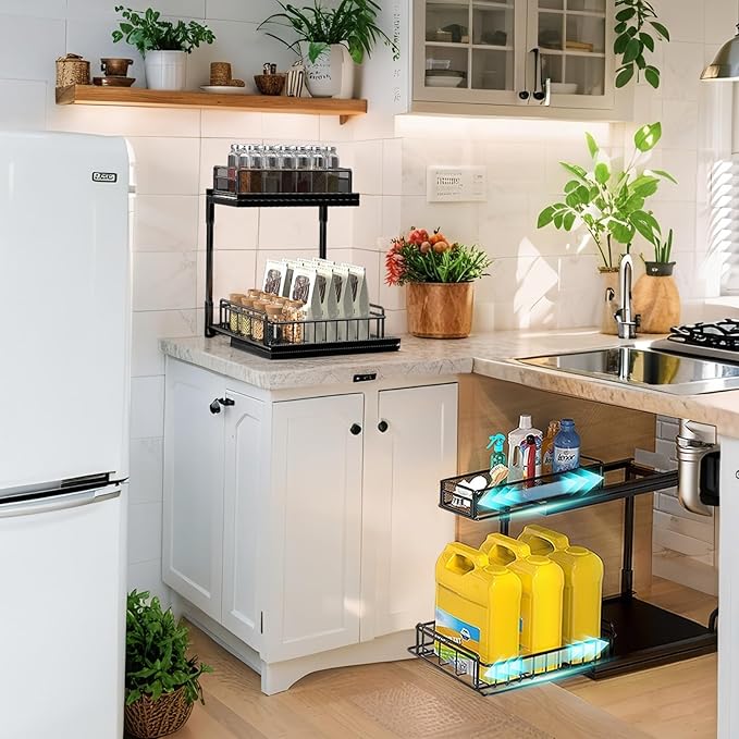 Under Kitchen Sink Pull Out Organizer, Pull Out Under Cabinet Organizer with 2 Tier for Kitchen Bathroom, Home Kitchen Storag