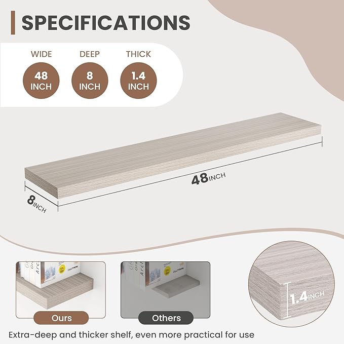 48 Inch Floating Shelves, 8 Inch Deep Floating Shelves for Wall, Hanging Shelf with Invisible Brackets, Deep Shelves for Bath