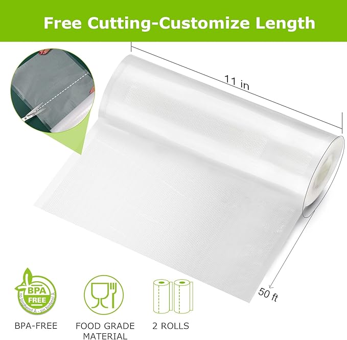 Bonsenkitchen Vacuum Sealer Bags Rolls, 11 in x 50 ft Rolls 2 pack Durable Food Sealer Bags, Commercial Grade, Heavy Duty, BP