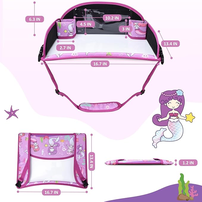 Kids Travel Tray for Toddler Carseat, Road Trip Activities Essentials for Toddler, Kids Lap Desk Tray with Tablet Holder Stand ＆ Dry Erase Board (Mermaid)