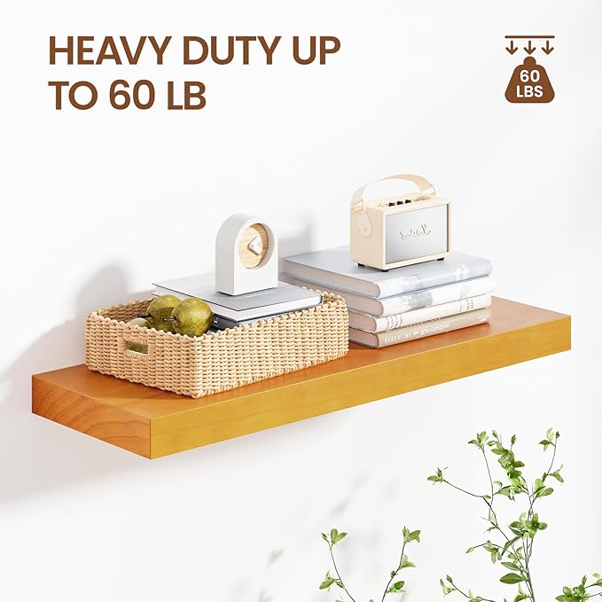 Pine Floating Wall Shelves 24 Inches Long x 8”x 1.4” Wooden Shelf Floating Rustic Farmhouse Decor, Heavy Duty Shelf Hold 60 l