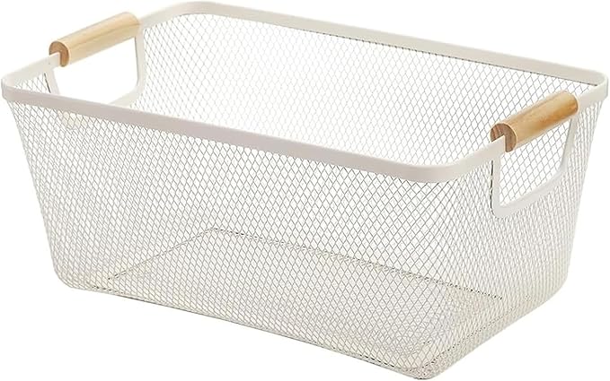 AJIODA Metal Mesh Steel Basket, Medium Wire Storage Organizer Basket Multi-function Hanging Kitchen Basket with Wood Handle f