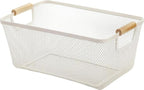 AJIODA Metal Mesh Steel Basket, Medium Wire Storage Organizer Basket Multi-function Hanging Kitchen Basket with Wood Handle f