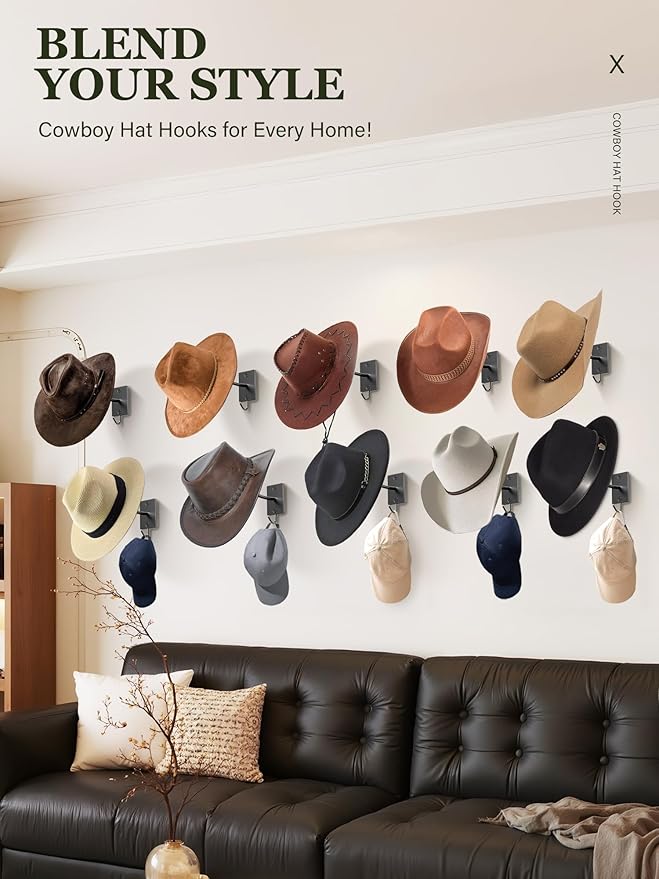 Cinati Cowboy Hat Rack for Wall 12 Pack, Cowboy Hat Holder Wall Mount, Western Rustic Metal Hats Hanger Hooks Organizer for F