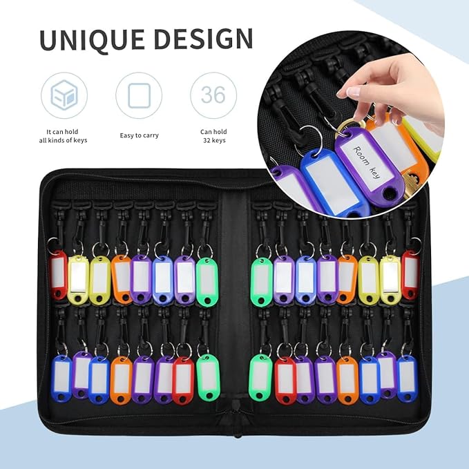 Fireproof and Waterproof Portable Zippered Key Case,36Key Hooks Key Organizer with Key Tags,Portable Manager Zipper Key Binde