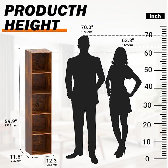 Cube Storage Organizer, 5 Cube Retro Bookshelf, Freestanding 5 Tier Open Shelf, Rustic Brown Retro Shelves for Home Office, B