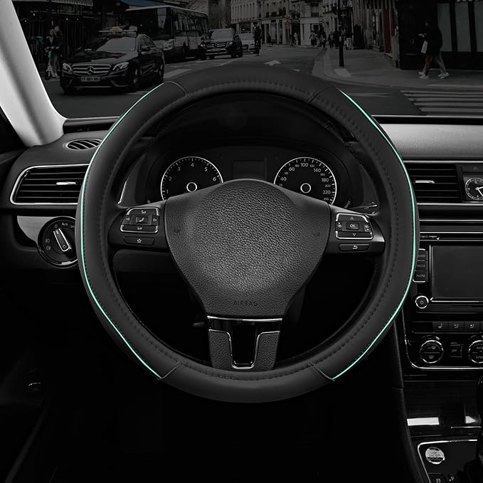Road Comforts Leather Steering Wheel Cover with Decorative Trim and Piping, Anti-Slip Breathable Design, Fits 14.5–15 Inch Ro