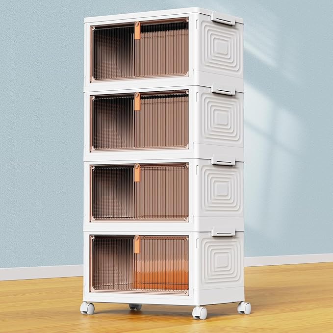 YFXCVSL 4 Tier Plastic Storage Bins with Lid 23QT, Stackable Storage Containers with Wheels, Folding Storage Boxes, Stackable