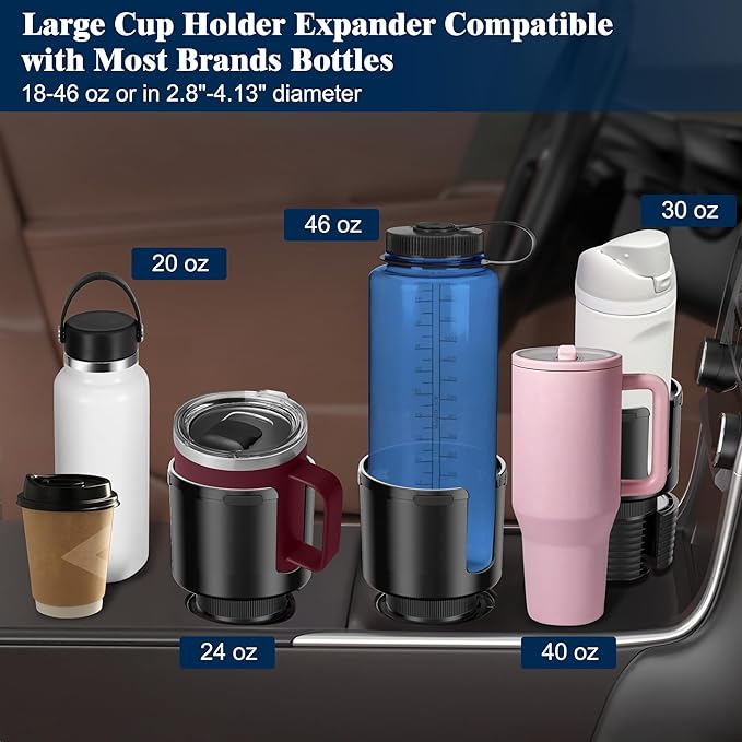 Quick-Install Car Cup Holder Expander, Space-Saving Cup Holder for Car with Offset Design, Non-Slip Large Water Bottle Holder