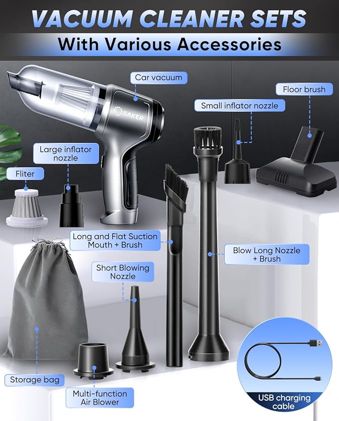 Saker Car Vacuum Portable Cordless Handheld Car Vacuum 15000PA High Power with Brushless Motor and Blower for Cars,Office,Hom