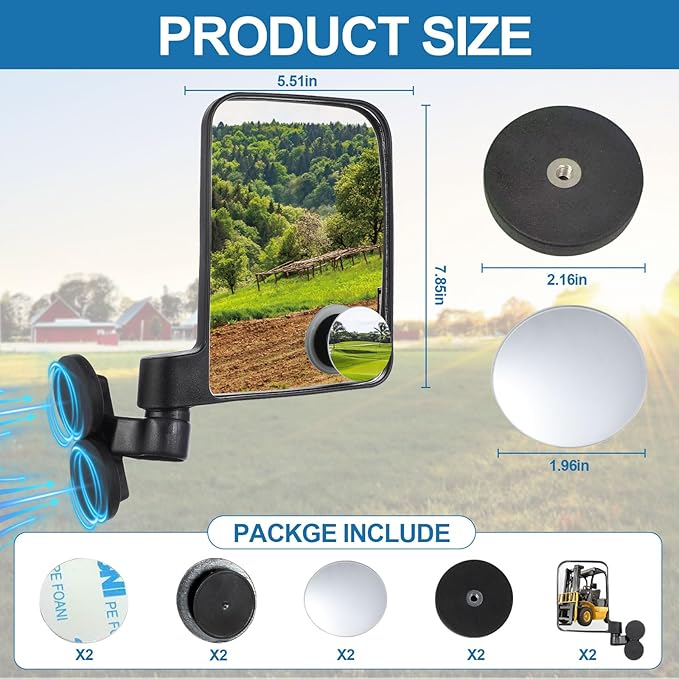 Magnetic Tractor Rearview Mirror (Includes Blind Spot Mirror), 7.78“ × 5.51” Freely Adjustable Side Mirror, No Drilling Required for Installation, Suitable for Tractors, Forklifts, Trucks - 1 Pair