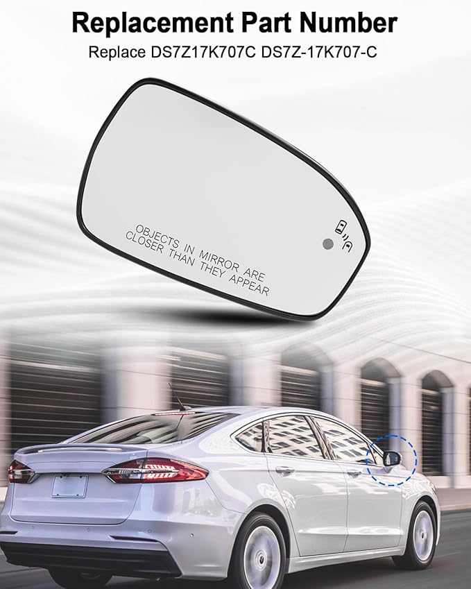 Right Passenger Side Mirror Glass Fit for Ford Fusion 2013-2021, View Convex Mirror Heated with Blind Spot Detection BLIS Replace DS7Z17K707C DS7Z-17K707-C