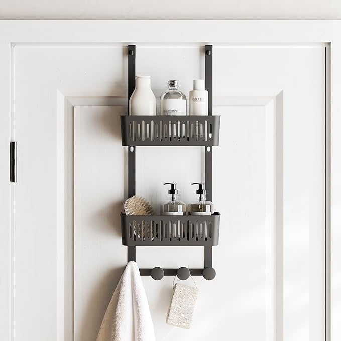 Zenna Home SnugFit Over the Door Caddy Organizer with 2 Storage Baskets and 4 Hooks, Over Door Hanging Organizer for Bathroom