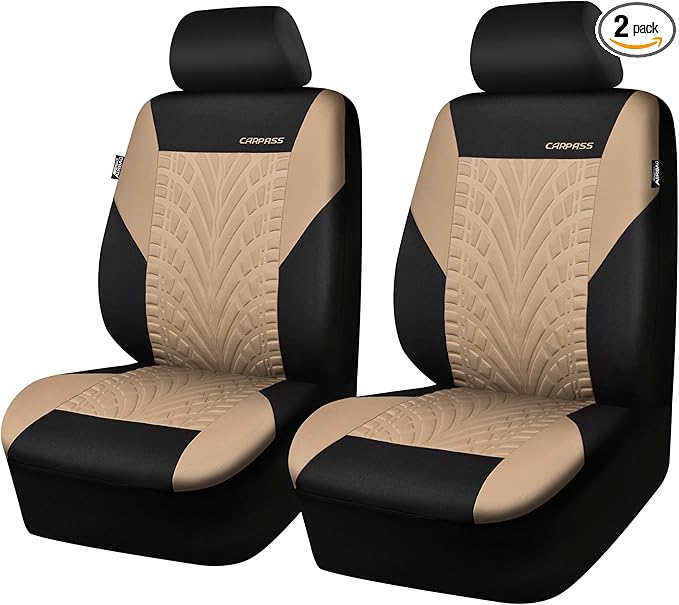 CAR PASS Car Seat Covers Two Front Only for Car, 3D Tyre Print Automotive Interior Covers, Airbag Compatible, Quick Setup Uni