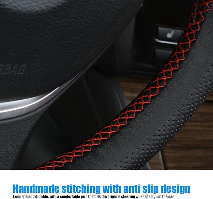 Pack-1 Leather Steering Wheel Cover, Universal Non-Slip Stitch On Wrap, DIY Car Wheel Cover Protector with Needle and Thread 