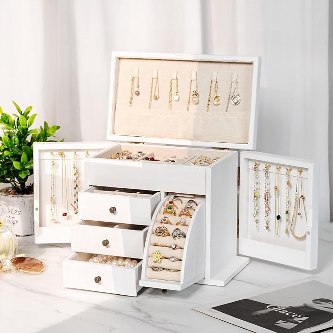 Poyilooo Jewelry Box Organizer, Solid Wood Jewelry Boxes for Women for Storage & Display Necklace Ring Earring Bracelet, Rust