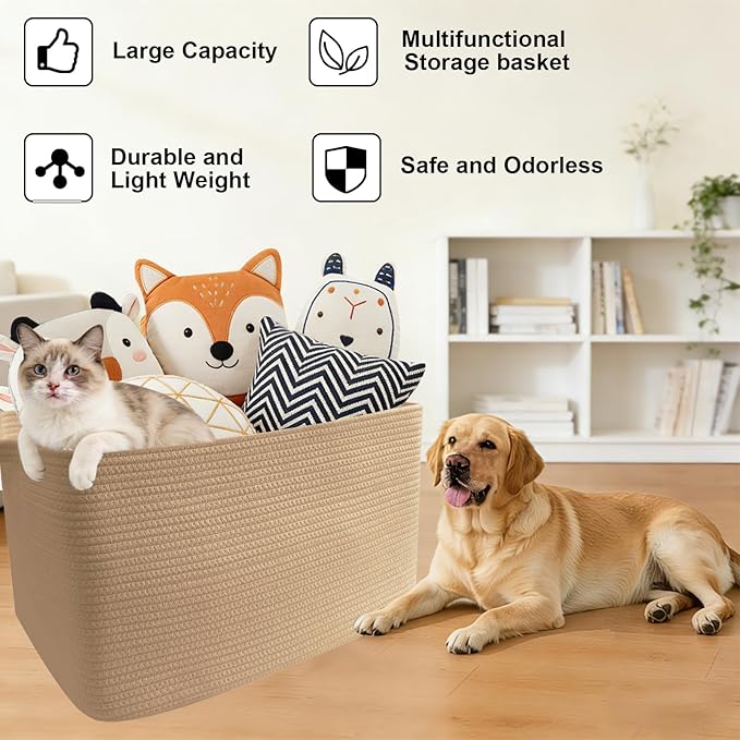 65L Large Blanket Basket,21"x16"x12" Rectangle Storage Bin with Handles,Woven Rope Laundry Basket for Toys, Clothes,Pillows,M