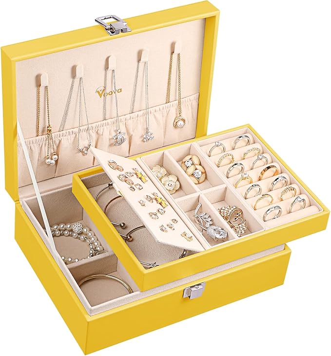Voova Jewelry Box Organizer for Women Girls, 2 Layer Large Men Jewelry Storage Case, PU Leather Display Jewellery Holder with