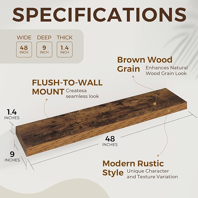 Dreamland 48 Inches Floating Shelves for Wall, 9.3 Inch Deep Floating Shelves Set of 2, Large Display & Storage Shelf, Wall S