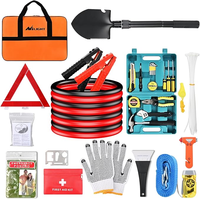 Nilight Car Emergency Kit with Jumper Cable Air Compressor Tire Repair Essential Tools First Aid Alligator Connector Electric