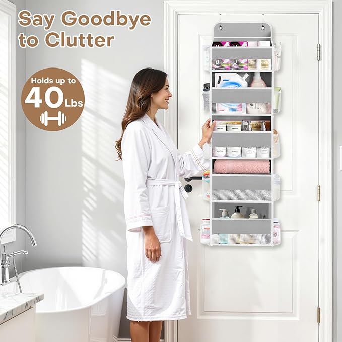 SpaceWhisper Over the Door Organizer, 5 Large Pocket Hanging Storage Organizer with 40lb Capacity, Space Saving for Nursery, 