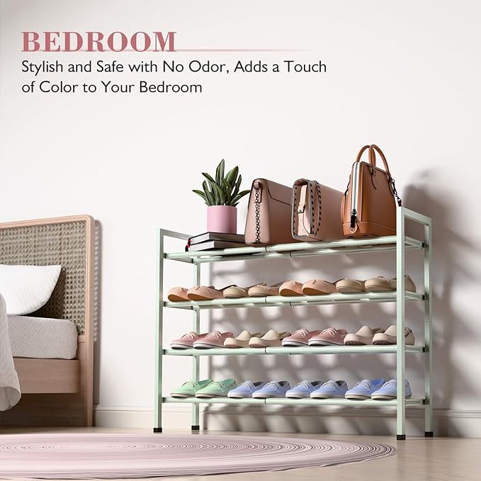 Bumusty 4-Tier Expandable Shoe Rack for Closet, 18“-33” Adjustable Shoe Rack for Small Space, Small Shoe Organizer for Front 
