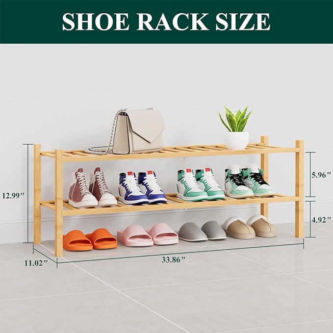Smiry Shoe Rack, 2 Tier Thick Long Bamboo Shoe Organizer, Stackable Free Standing Wooden Shoe Storage Shelf for Closet, Entry