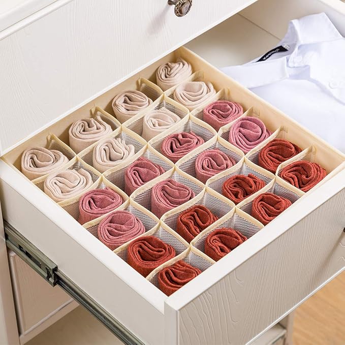 Qozary 2 Pack Socks Underwear Drawer Organizer Divider, 24 Cell or 16 Cell Collapsible Cabinet Closet Organizer Storage Boxes