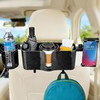 Car Headrest Backseat Storage Box with 2 Cup Holders, Back Seat Car Organizer 5"-13" Tablet Phone Holder with Hook, Adjustable 3-in-1 Multifunctional Car Essential Food Tray for Travel Accessories