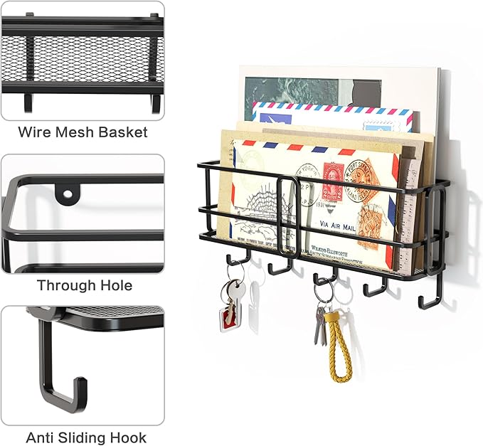 SRIWATANA Key Holder for Wall, Mail Organizer Wall Mount with Metal Storage Basket, Key Holder with 5 Hooks for Entryway, Off