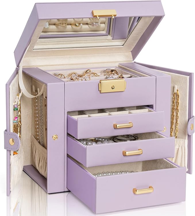 AKOZLIN 4-Tier Jewelry Box Leather Jewelry Storage Organizer with 3 Drawers Lockable for Women Girls Ring Necklace Earring Br