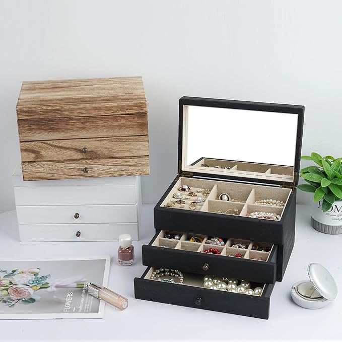 Meangood Jewelry Box Organizer for Women, 3 Layer Large Jewelry Storage Case, Rustic Wooden Jewelry Box with Mirror & Ring Tr